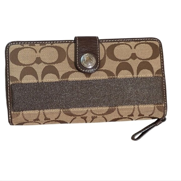 Coach Brown Signature Wallet logo canvas leather trim brown design secure clasp - Picture 11 of 11